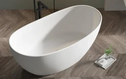 Baignoire îlot en fonte minérale HAWAII STONE - 180x85cm - Sans siphon, Avec robinet mitigeur 1523C, Blanc brillant