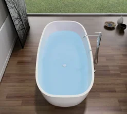 Baignoire îlot en fonte minérale, OCEAN STONE - 180x87cm - Avec robinet mitigeur 8028, Avec siphon, Blanc mat
