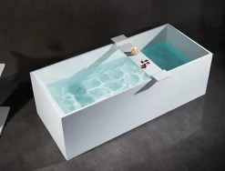 Baignoire îlot en fonte minérale 170x72x55cm Blanc mat - LUNA STONE + siphon + robinet sur pied 1523C