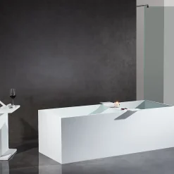 Baignoire îlot en fonte minérale 170x72x55cm Blanc mat - LUNA STONE + siphon + robinet sur pied 1523C