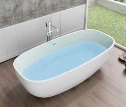 Baignoire îlot en fonte minérale, OCEAN STONE - 180x87cm - Avec robinet mitigeur 8028, Sans siphon, Blanc mat