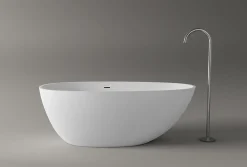 Baignoire îlot fonte minérale ovale autoportante Moderne avec bonde - 150x75x54cm - VELA Blanc mat