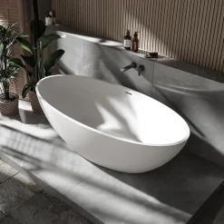 Baignoire îlot fonte minérale Ovale Moderne pour Salle de Bain avec Bonde et trop plein - 180x85x52cm - RIO STONE - Blanc Mat