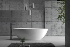 Baignoire îlot ovale 180x85x52cm Blanc mat fonte minérale, isolation thermique - RIO STONE + robinet sur pied 8028, Sans siphon