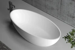 Baignoire îlot ovale 180x85x52cm Blanc mat fonte minérale, isolation thermique - RIO STONE + robinet sur pied 8028, Sans siphon