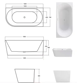 Baignoire îlot ZOYA GLAM GRAPHITE angle droit - 150 x 75 cm