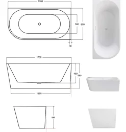 Baignoire îlot ZOYA GLAM SILVER angle droit - 170 x 80 cm