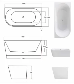 Baignoire îlot ZOYA GLAM SILVER angle droit - 170 x 80 cm