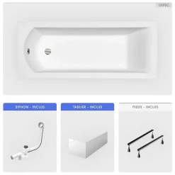 Baignoire rectangulaire - 170 x 70 cm - avec Tablier - Pieds - Vidage Chrome - SHEA