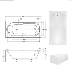 Baignoire rectangulaire - 180 x 80 cm - sans Habillage - avec Pieds - Vidage Chrome - BONA