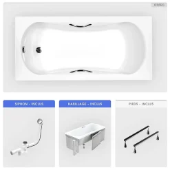 Baignoire rectangulaire - 150 x 70 cm - avec Habillage - Pieds - Poignées - Vidage Chrome - ARIA PLUS