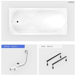 Baignoire rectangulaire - 190 x 80 cm - sans Habillage - avec Pieds - Vidage Chrome - BONA