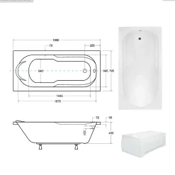 Baignoire rectangulaire - 190 x 80 cm - sans Habillage - avec Pieds - Vidage Chrome - BONA
