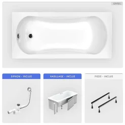Baignoire rectangulaire - 130 x 70 cm - avec Habillage - Pieds - Vidage Chrome - ARIA