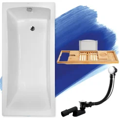 Baignoire rectangulaire 140 x 70 OPTIMA acrylique blanc, sans Habillage + Étagère bambou + Pieds + Vidage à chromé