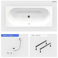 Baignoire rectangulaire - 160 x 75 cm - sans Habillage - avec Pieds - Vidage Chrome - VITAE
