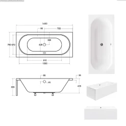 Baignoire rectangulaire - 160 x 75 cm - sans Habillage - avec Pieds - Vidage Chrome - VITAE