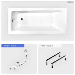 Baignoire rectangulaire - 160 x 70 cm - sans Habillage - avec Pieds - Vidage Chrome - TALIA SLIM