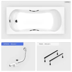 Baignoire rectangulaire - 130 x 70 cm - sans Habillage - avec Pieds - Poignées - Vidage Chrome - ARIA PLUS