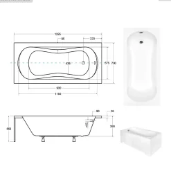 Baignoire rectangulaire - 130 x 70 cm - sans Habillage - avec Pieds - Poignées - Vidage Chrome - ARIA PLUS