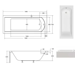 Baignoire rectangulaire + tablier blanc + repose tête - SHEA - 150 x 70 cm