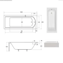 Baignoire rectangulaire - 180 x 80 cm - avec Tablier - Pieds - Vidage Chrome - SHEA