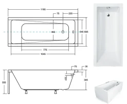 Baignoire rectangulaire 120 x 70 MODERN acrylique blanc, sans Habillage + Repose Tête + Pieds + Vidage à chromé