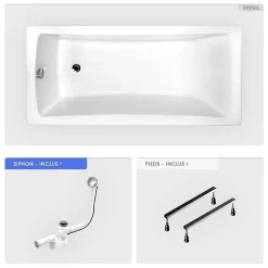Baignoire rectangulaire - 160 x 70 cm - sans Habillage - avec Pieds - Vidage Chrome - OPTIMA