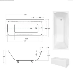 Baignoire rectangulaire - 160 x 70 cm - sans Habillage - avec Pieds - Vidage Chrome - OPTIMA