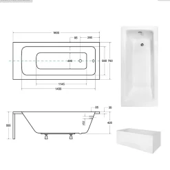 Baignoire rectangulaire - 160 x 75 cm - avec Tablier Blanc - Pieds - Poignées - Repose-tête - Vidage Chrome - TALIA PREMIUM