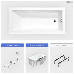Baignoire rectangulaire - 140 x 70 cm - avec Habillage - Pieds - Vidage Chrome - MODERN