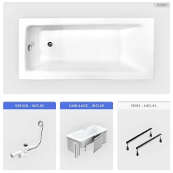 Baignoire rectangulaire - 170 x 75 cm - avec Habillage - Pieds - Vidage Chrome - TALIA
