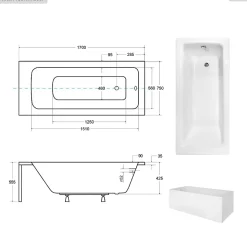 Baignoire rectangulaire - 170 x 75 cm - avec Habillage - Pieds - Vidage Chrome - TALIA