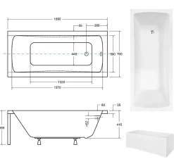Baignoire rectangulaire + tablier blanc + repose tête - OPTIMA - 170 x 70 cm