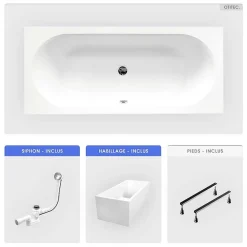 Baignoire rectangulaire - 160 x 75 cm - avec Habillage Polystyrène - Pieds - Vidage Chrome - VITAE SLIM