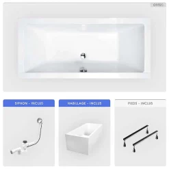 Baignoire rectangulaire - 180 x 80 cm - avec Habillage Polystyrène - Pieds - Vidage Chrome - QUADRO