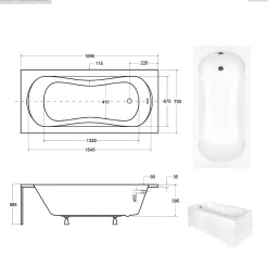 Baignoire rectangulaire - 170 x 70 cm - avec Tablier Blanc - Pieds - Poignées - Vidage Chrome - ARIA PLUS