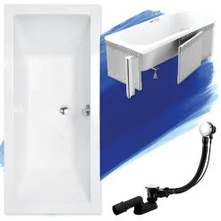 Baignoire rectangulaire 155 x 70 QUADRO acrylique blanc + Habillage en polystyrène + Pieds + Vidage à chromé