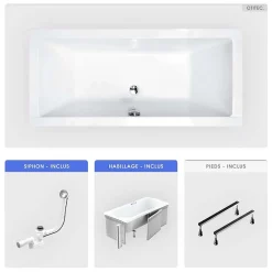 Baignoire rectangulaire - 190 x 90 cm - avec Habillage - Pieds - Vidage Chrome - QUADRO