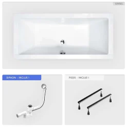 Baignoire rectangulaire - 165 x 75 cm - sans Habillage - avec Pieds - Vidage Chrome - QUADRO