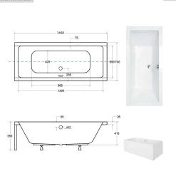 Baignoire rectangulaire - 165 x 75 cm - sans Habillage - avec Pieds - Vidage Chrome - QUADRO