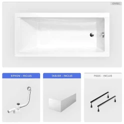 Baignoire rectangulaire - 120 x 70 cm - avec Tablier Blanc - Pieds - Vidage Chrome - MODERN