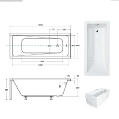 Baignoire rectangulaire - 120 x 70 cm - avec Tablier Blanc - Pieds - Vidage Chrome - MODERN