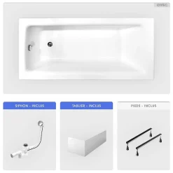 Baignoire rectangulaire - 100 x 70 cm - avec Tablier Blanc - Pieds - Vidage Chrome - TALIA