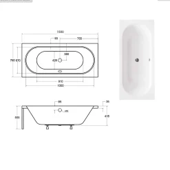 Baignoire rectangulaire - 150 x 75 cm - sans Habillage - avec Pieds - Vidage Chrome - VITAE SLIM