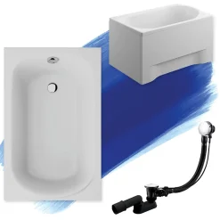 Baignoire rectangulaire 100 x 65 MINI acrylique blanc + avec Tablier + Pieds + Vidage à chromé
