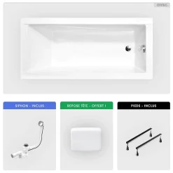Baignoire rectangulaire - 130 x 70 cm - sans Habillage - avec Pieds - Repose-tête - Vidage Chrome - MODERN