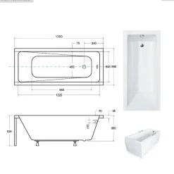 Baignoire rectangulaire - 130 x 70 cm - sans Habillage - avec Pieds - Repose-tête - Vidage Chrome - MODERN