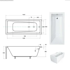 Baignoire rectangulaire - 180 x 80 cm - avec Tablier Blanc - Pieds - Vidage Chrome - MODERN