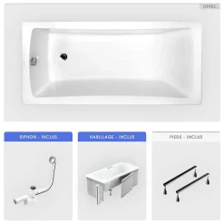 Baignoire rectangulaire - 160 x 70 cm - avec Habillage - Pieds - Vidage Chrome - OPTIMA